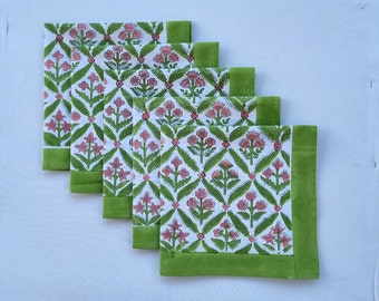 Guardanapos de pano de algodão impressos em bloco de mão floral indiano vermelho verde oliva, guardanapos de jantar, guardanapos de festa em casa para eventos de casamento, guardanapos de Natal
