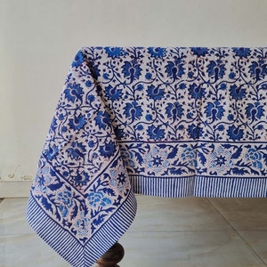 Persian Blue Floral Table Cloth, Hand Block Printed Tablecloth, Indian Table Cover, Homestead Tablecloth, French Table Cloth, Wedding Decor