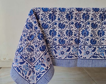 Mantel floral azul persa, estampado a mano, indio, rústico, francés, para bodas