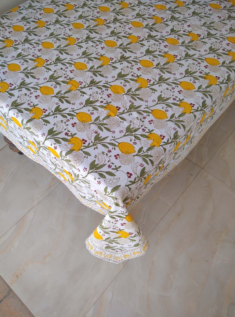 Lemon And Green Leaf Table Cloth, Block Print Table Cover, Indian Table Linen, Dinning Tablecloth, Rectangle Tablecloth, Gift For New Home image 7
