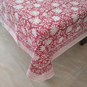 Red Floral Cotton Table Cloth, Block Print Tablecloth, Indian Table Linen, Dinning Table Cover, Farmhouse Wedding Christmas Tablecloth
