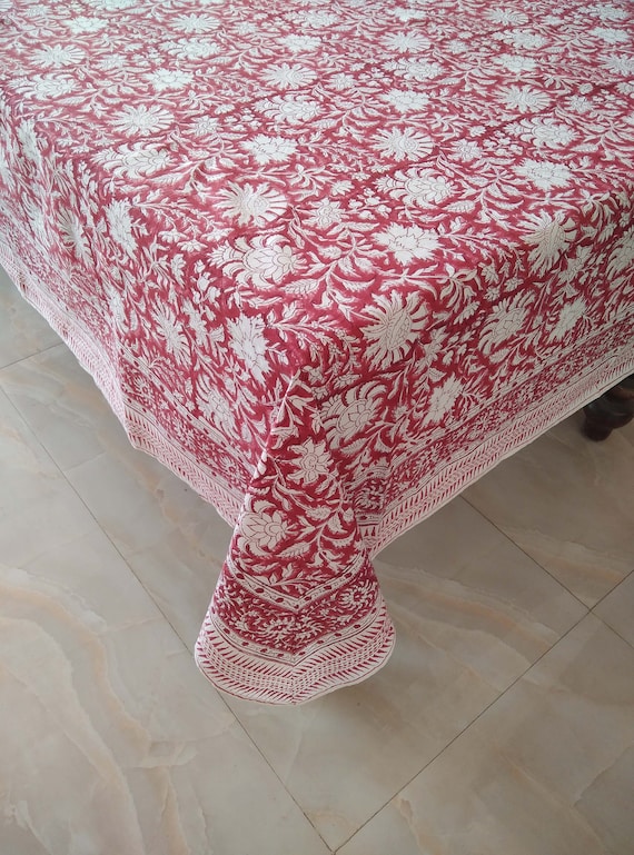 Red Floral Cotton Table Cloth, Block Print Tablecloth, Indian Table Linen, Dinning Table Cover, Farmhouse Wedding Christmas Tablecloth
