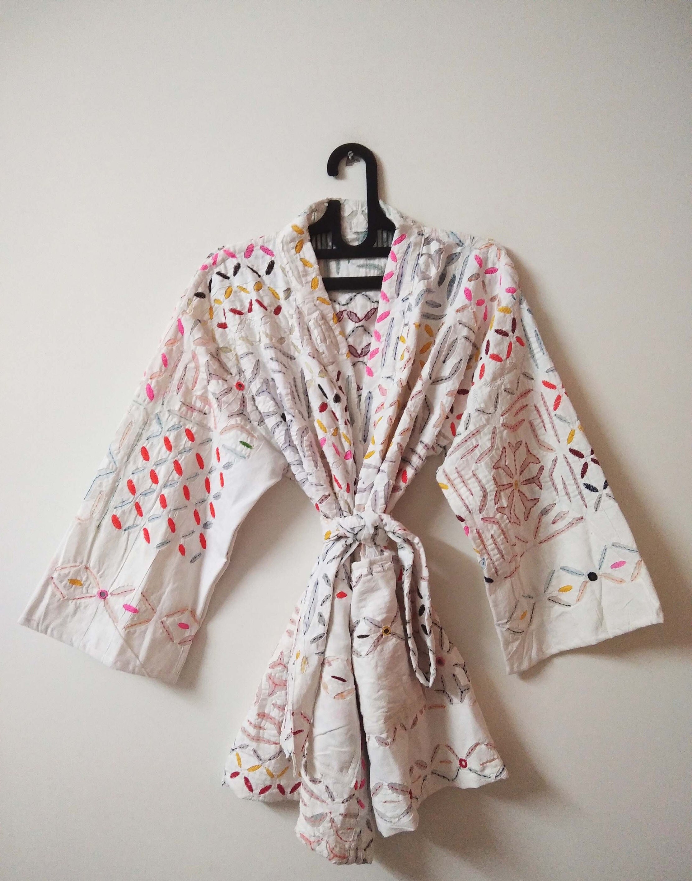 Cutwork Applique Cotton Handmade Jacket With Belt , Summer