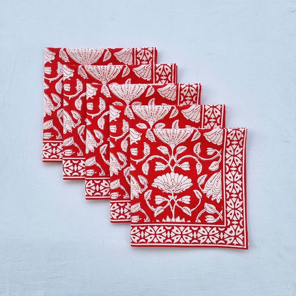 Red Christmas Napkins, Indian Floral Block Printed Napkin, Handmade Cotton Cloth Napkins, Wedding Events Home Party Napkins, 18X18" Napkins