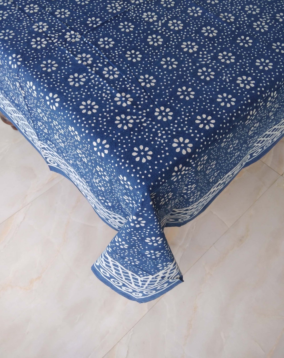 Blue Block Print Table Cover, Indian Tablecloth, Handmade Table Cloth
