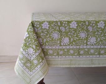 Sage Green Floral Tablecloth, Block Print Organic Cotton Table Cover