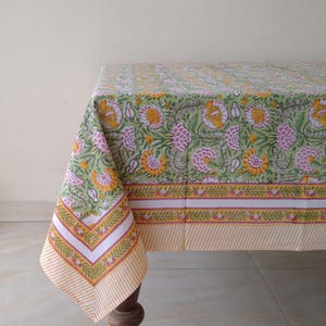 Indian Floral Block Print Tablecloth, Cotton Table Cover, Handmade Table Linen, Kitchen Tablecloth, Jaipur Tablecloth, Rectangle Table Cloth