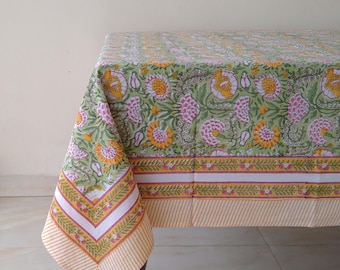 Indian Floral Block Print Tablecloth, Cotton Table Cover, Handmade Table Linen, Kitchen Tablecloth, Jaipur Tablecloth, Rectangle Table Cloth