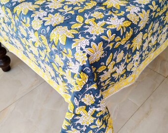 Floral Block Print Cotton Tablecloth, Handmade Linen Table Cover