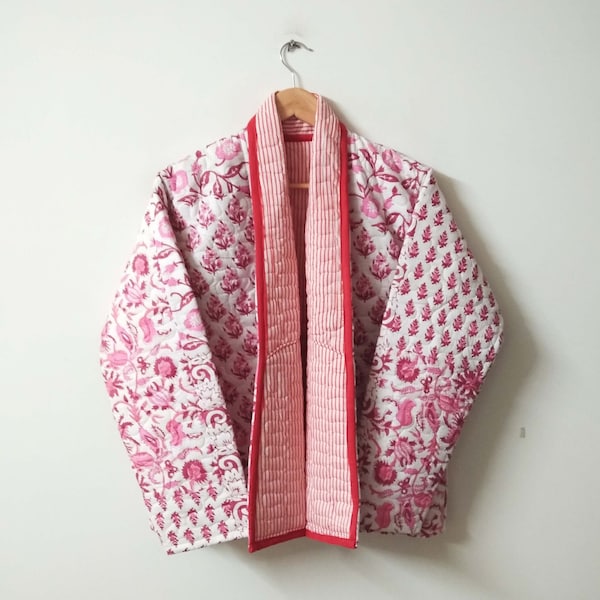 Pink Floral Kantha Coat, Handmade Cotton Kantha Jacket, Vintage Kantha Short Jacket, Ladies Winter Coat, Front Open Jacket, Gift For Mom