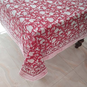Red Floral Table Cloth, Indian Block Print Tablecloth, Handmade Table Cover, Dinning Tablecloth, Wedding Table Linen, Christmas Tablecloth