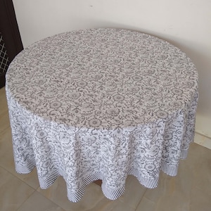 Kandla Grey Round Table Cover, Block Print Round Tablecloth, Floral Design Round Tablecloth, Dinning Round Table Cover, Housewarming Gift