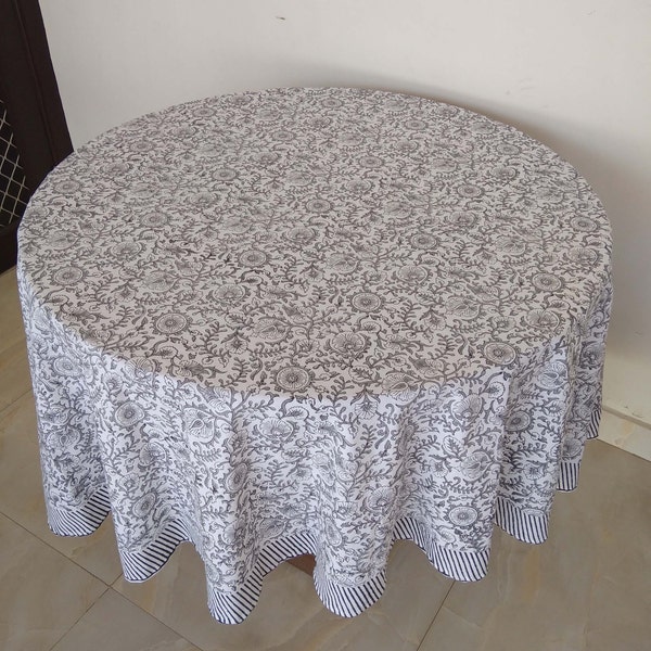 Kandla Grey Round Table Cover, Block Print Round Tablecloth, Floral Design Round Tablecloth, Dinning Round Table Cover, Housewarming Gift