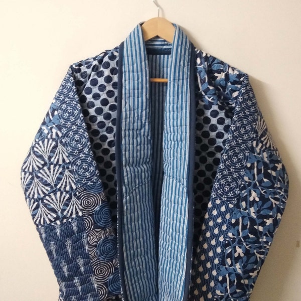 Handmade Kantha Quilt Jacket, Indian Kantha Coat, Machine Quilted Jacket, Winter Wear Jacket, Front Open Kantha Jacket, Blue Floral Coat