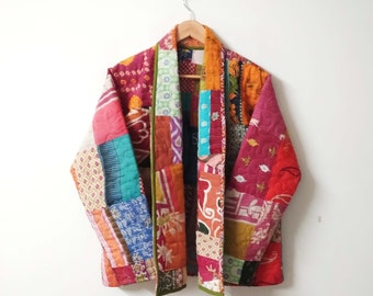 Indian Kantha Jacket, Handmade Kantha Coat, Vintage Kantha Short Jacket, Quilted Winter Jacket, Front Open Coat, Reversible Kantha Jacket