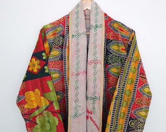 Quilted Kantha Jacket, Indian Kantha Quilt Jacket, Hand Stitched Kantha Coat, Women Kantha Jacket, Winter Jacket, Floral Print Kantha Jacket