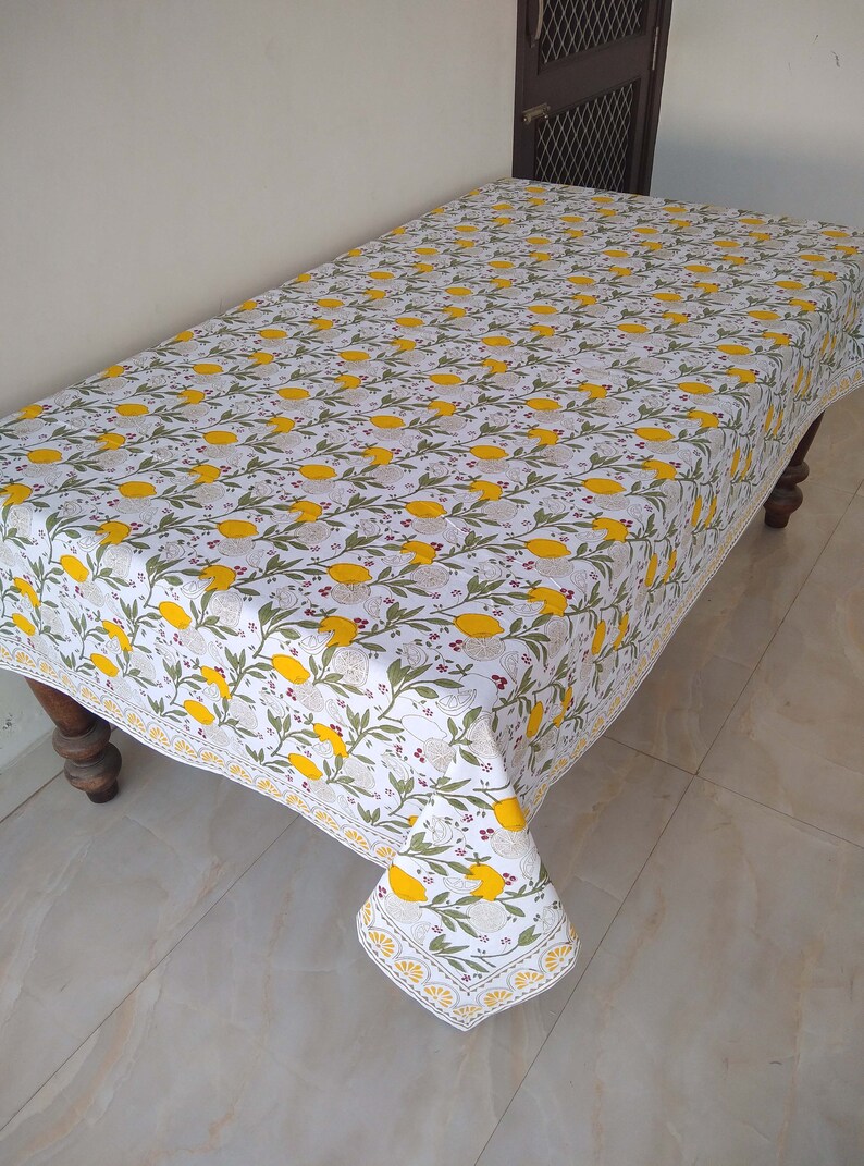 Lemon And Green Leaf Table Cloth, Block Print Table Cover, Indian Table Linen, Dinning Tablecloth, Rectangle Tablecloth, Gift For New Home image 9