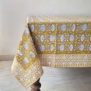 Mustard Floral Table Cloth, Block Print Table Cover, Cotton Table Linen, Dinning Tablecloth, Wedding Table Cloth, Housewarming Gift