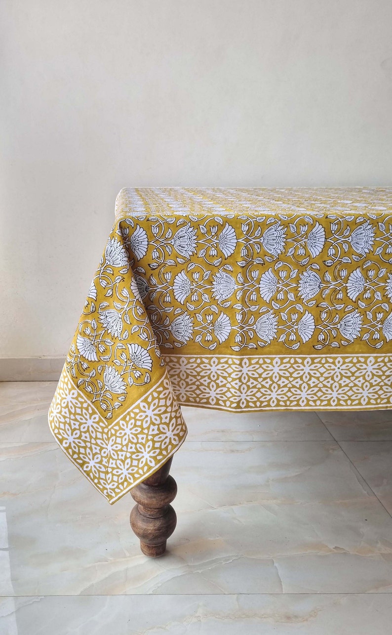 Mustard Floral Table Cloth, Block Print Table Cover, Cotton Table Linen ...