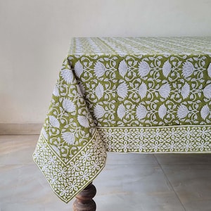 Olive Green Floral Table Cloth, Block Print Table Cover, Cotton Table Linen, Kitchen Tablecloth, French Table Cloth, Gift For New Home