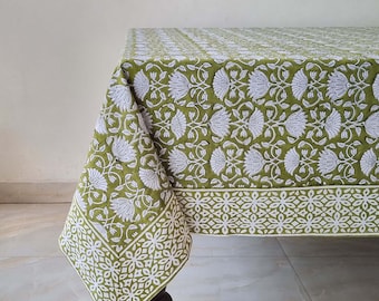 Olive Green Floral Table Cloth, Block Print Table Cover, Cotton Table Linen, Kitchen Tablecloth, French Table Cloth, Gift For New Home