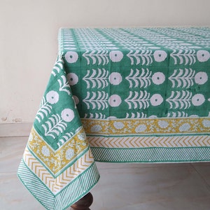 Green Floral Tablecloth, Indian Block Print Table Cloth, Handmade Table Linen, Garden Tablecloth, Rectangle Table Cloth, Housewarming Gift