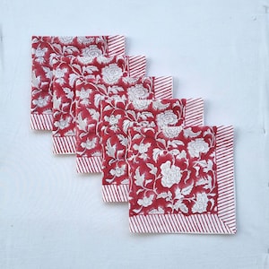 Red Christmas Napkins, Indian Floral Block Printed Napkin, Handmade Cotton Cloth Napkins, Wedding Events Home Party Napkins, 18X18&quot; Napkins
