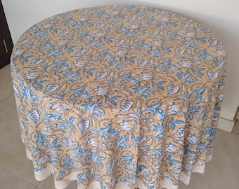 Floral Design Round Tablecloth, Block Printed Round Table Cover, Circle Tablecloth, Round Table Linen, Dinning Tablecloth, Gift For New Home