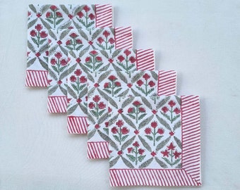 Sage Green, Red Indian Floral Hand Block Printed Cotton Cloth Napkins, Dinner Napkins, Wedding Events Home Party Napkins, Christmas Napkins