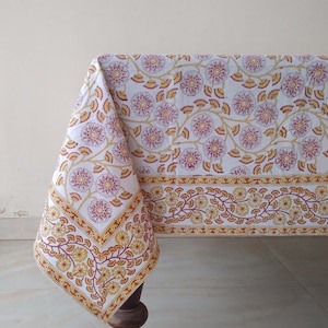 Red And Yellow Floral Table Cloth, Block Print Table Cover, Cotton Table Linen, Elegant Table Decor, Rectangle Tablecloth, Housewarming Gift