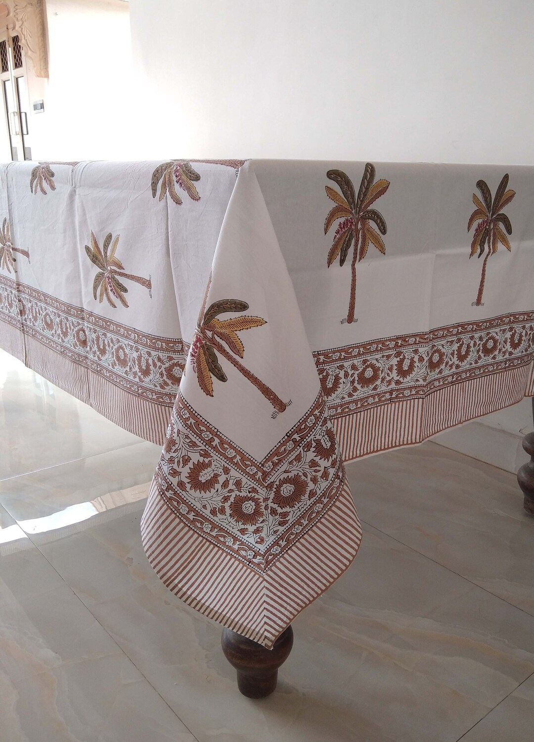 Beautiful Brown Palm Tree Tablecloth, Block Print Table Cloth, Handmade
