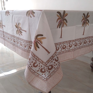 Beautiful Brown Palm Tree Tablecloth, Block Print Table Cloth, Handmade Table Cover, Kitchen Tablecloth, Wedding Tablecloth, Gift For Mom