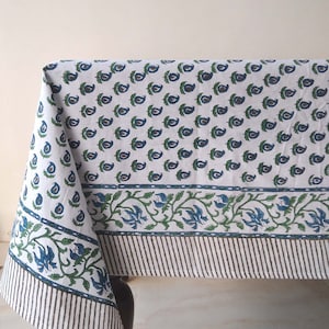 Indian Block Print Tablecloth, Floral Table Cover, Handmade Tablecloth, Cotton Table Linen For Sale, Rectangle Tablecloth, Housewarming Gift