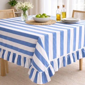 Blue Striped Ruffle Tablecloth, Farmhouse Table Cover, Cotton Linen Dining Tablecloth, Coastal Kitchen Decor, Rustic Wedding Tablecloth