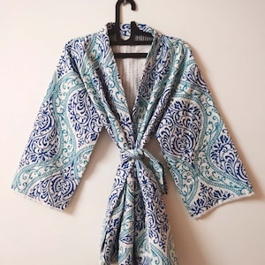 Handmade Cotton Robe, Indian Kantha Kimono, Hand Quilted Cotton Kimono, Women Winter Jacket, Night Wear Dress Kimono, Printed Kantha Kimono
