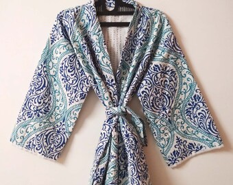Accappatoio in cotone fatto a mano, Kimono Kantha indiano, Kimono in cotone trapuntato a mano, Giacca invernale donna, Kimono da notte, Kimono Kantha stampato
