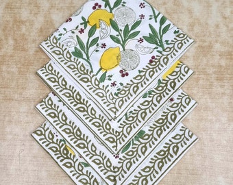 Serviettes en tissu de coton imprimées bloc main floral vert herbe et jaune, serviettes de table, serviettes de table pour événements de mariage, serviettes de fête à domicile, serviettes de Noël