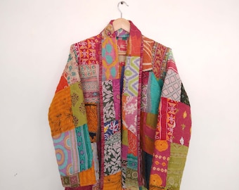 Patchwork Kantha Coat, Quilted Kantha Jacket, Indian Kantha Overcoat, Winter Wear Jacket, Front Open Jacket, Reversible Jacket, Gift For Mom