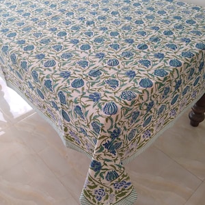 Indian Floral Design Tablecloth, Block Print Table Cover, Handmade Tablecloth, Cotton Table Linen, Kitchen Table Cover, Rectangle Tablecloth