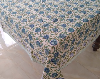 Indian Floral Design Tablecloth, Block Print Table Cover, Handmade Tablecloth, Cotton Table Linen, Kitchen Table Cover, Rectangle Tablecloth