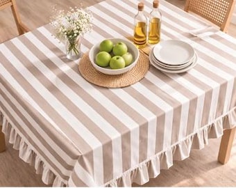 Beige gestreept tafelkleed met ruches, boerderij eettafelhoes, katoenlinnen tafelkleed, neutraal keukendecor, rustiek bruiloftstafelkleed