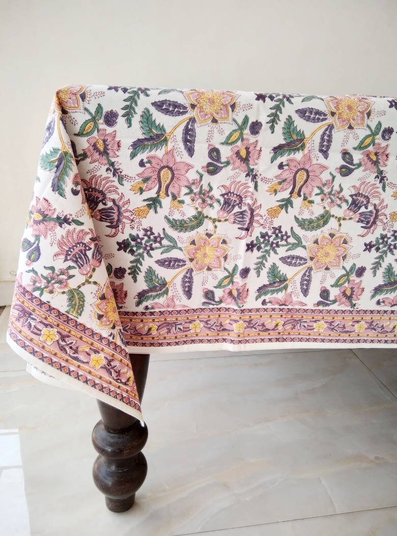 Pink Block Print Tablecloth Floral Design Tablecloth Etsy