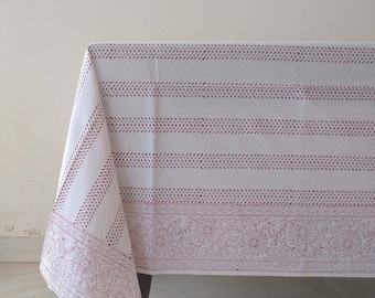 Raspberry Block Print Tablecloth, Striped Cotton Table Cover, Handmade