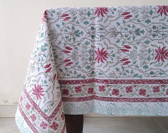 Indian Block Print Table Cloth, Floral Design Tablecloth, Handmade Table Cover, Cotton Table Linen, Dinning Table Cloth, Tablecloth For Gift