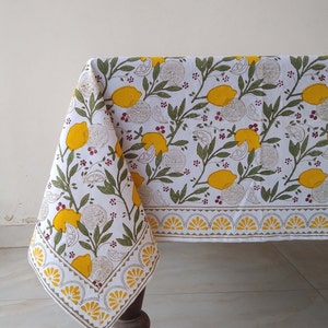 Lemon And Green Leaf Table Cloth, Block Print Table Cover, Indian Table Linen, Dinning Tablecloth, Rectangle Tablecloth, Gift For New Home image 3