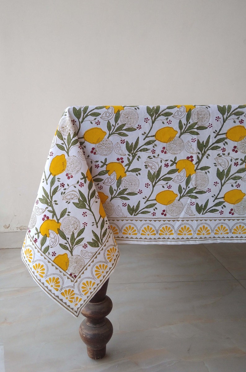 Lemon And Green Leaf Table Cloth, Block Print Table Cover, Indian Table Linen, Dinning Tablecloth, Rectangle Tablecloth, Gift For New Home image 3