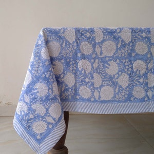 Indian Block Print Table Cloth, Floral Cotton Tablecloth, Cotton Table Linen, Blue French Tablecloth, Wedding Table Cloth, Gift For New Home