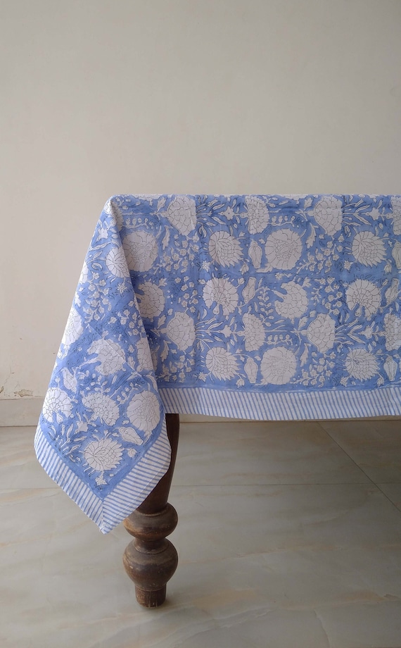 Indian Floral Block Print Cotton Tablecloth, Blue French Style