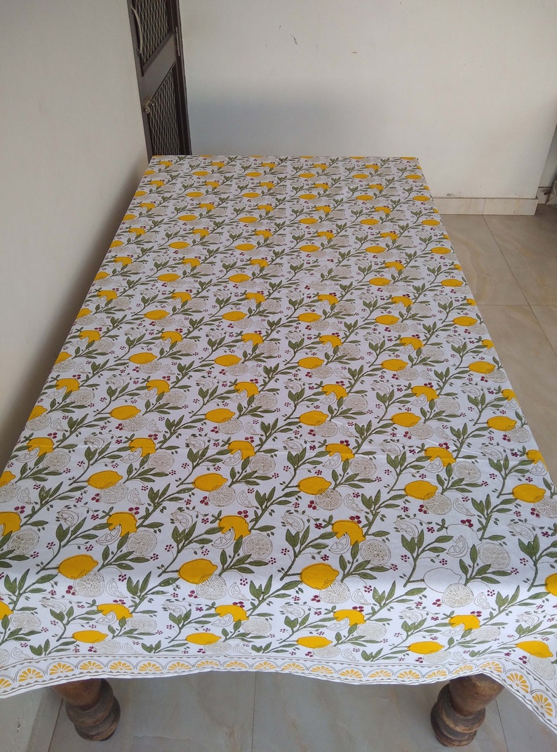 Lemon And Green Leaf Table Cloth, Block Print Table Cover, Indian Table Linen, Dinning Tablecloth, Rectangle Tablecloth, Gift For New Home image 5
