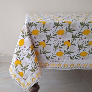 Lemon And Green Leaf Table Cloth, Block Print Table Cover, Indian Table Linen, Dinning Tablecloth, Rectangle Tablecloth, Gift For New Home image 2